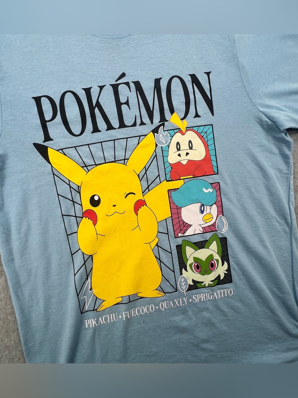 Pokemon Pikachu and Paladean Starter Light Blue Graphic Tee - Men’s